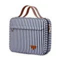 Large capacity striped cosmetic bag portable travel makeup handbag with brown leather handles - Dark Blue