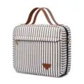 Striped cosmetic storage bag with brown handle and multi-compartment travel organizer. - Gray