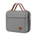Black and white striped cosmetic bag with brown leather handles, large travel organizer. - Black