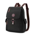 Black canvas vintage casual backpack with brown straps, multi-pocket daily travel bag. - Black