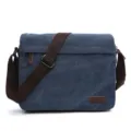Men's blue canvas messenger bag, casual crossbody shoulder bag with brown strap for use. - M / Dark Blue