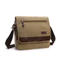 Men's casual canvas shoulder bag, stylish retro messenger bag with durable brown leather trim. - L / Khaki