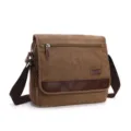 Ανδρική casual τσάντα ώμου από καμβά, μονόχρωμη vintage messenger bag με δερμάτινες λεπτομέρειες. - L / Καφέ