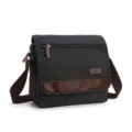Men's casual canvas messenger bag, stylish black crossbody shoulder bag with brown leather trim. - L / Black