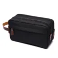 Borsa da toeletta in tela nera beauty case da viaggio con manico in pelle marrone e doppie zip. - Nero