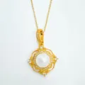 Close-up of luxury gold pearl pendant necklace featuring micro-paved crystals and clover motif. - Pendant With Natural Pearl (Without Chain) / White-Gold