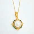 Exquisite gold-plated pearl pendant necklace with dazzling micro-set rhinestones and green details. - Abalone Shell Clover Pendant With Artificial Pearl (Without Chain) / Gold
