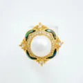 Detailed close-up of exquisite pearl clover ring accessory with pavé stones and shell. - Abalone Shell Clover Ring With Artificial Pearl / Gold