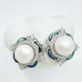 Elegant pearl stud earrings featuring micro-pave crystals and colorful shell accents for women. - Abalone Shell Earring With Artificial Pearl / Silver