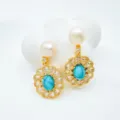 Vintage Perle Türkis Ohrringe mit funkelndem Zirkonia und edlem goldenem Design. - Ohrstecker / Naturperle / Gold