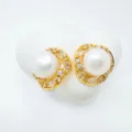 Pearl stud earrings detail shot, 18k gold plated copper with shining cubic zirconia stones. - Stud Earrings / Gold (Artificial Pearl)
