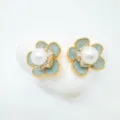 Exquisite camellia flower stud earrings featuring natural freshwater pearls and mint green petals. - Earrings - Green - Freshwater Pearl