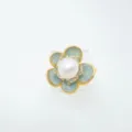 Fashion luxury green enamel camellia pearl ring, elegant copper gold plated jewelry. - Ring - Green - Artificial Pearl