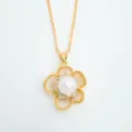 Camellia pendant necklace detail shot featuring central pearl and gold plated chain design. - Pendant Only (Without Chain) - White - Artificial Pearl