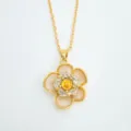 Gold plated camellia flower necklace with sparkling cubic zirconia and pearl-like petals for women - Pendant Only (Without Chain) - White - Empty Setting