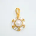 Close-up detail of a luxury hexagon pearl pendant with mother-of-pearl and sparkling zircon stones. - White Shell Pendant (Artificial Pearl) / 9mm / Gold