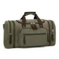 Military green canvas travel duffel bag, large weekend luggage with brown handles. - Army Green