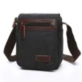 Men canvas shoulder bag casual crossbody bag vintage messenger bag with leather trim. - S / Black