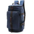 Blue canvas backpack for outdoor travel, durable square school bag with leather trim. - L / Dark Blue