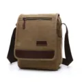 Men casual canvas shoulder bag, khaki crossbody bag with brown leather trim for daily use. - M / Khaki