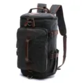 Canvas backpack dark grey barrel design with brown leather straps casual travel outdoor rucksack - S / Black