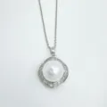 Pearl pendant detail shot, geometric silver-tone setting with sparkling pave cubic zirconia halo. - Pendant Only (Without Chain) (Acrylic Bead) / Large / Silver