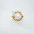 Vintage gold plated pearl ring with cubic zirconia halo geometric design detailed close up view - Ring (Acrylic Bead) / Small / Gold