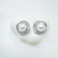 Detailed shot of retro geometric pearl stud earrings with sparkling crystal rhinestones. - Stud Earrings (Artificial Pearl) / Small / Silver