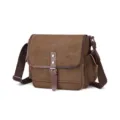 Borsa a tracolla in tela marrone con dettagli in pelle, spallaccio regolabile e look casual vintage. - Caffè
