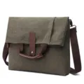 Borsa a tracolla in tela casual da uomo, borsa messenger vintage con dettagli in pelle marrone. - Verde