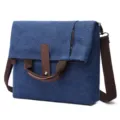 Borsa a tracolla da uomo in tela blu, variante borsa casual con dettagli in marrone. - Blu scuro