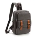 Dark grey canvas backpack dual use casual travel daypack with brown leather and pockets - Gray
