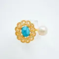 Vintage Türkis Zirkon Blumen Perle Ring Schmuck Accessoire elegantes Design-Stil. - Ring / Naturperle / Gold