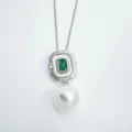 Vintage rectangular green stone pearl pendant necklace jewelry detail view with silver chain. - Emerald Rectangle Pendant (Acrylic Bead) / Pendant Only (Without Chain) / Silver
