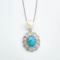 Vintage Türkis Anhänger Halskette mit eleganter Perle und funkelndem Zirkonia Design. - Nur Anhänger (Ohne Kette) / Naturperle / Silber