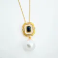 Vintage gold geometric pendant necklace with white enamel, blue center stone and pearl drop. - Sapphire Pendant (Acrylic Bead) Pendant Only (Without Chain) / Gold