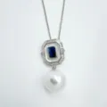 Close-up of vintage geometric pendant necklace featuring dark blue stone and white pearl. - Sapphire Pendant (Acrylic Bead) Pendant Only (Without Chain) / Silver