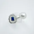 Vintage retro DIY pearl ring featuring rectangular blue gemstone and pearl decor. - Sapphire Ring (Acrylic Bead) / Silver