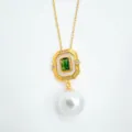Vintage gold plated rectangular pendant necklace featuring green gemstone and white pearl dangle. - Emerald Pendant (Natural Pearl) Pendant Only (Without Chain) / Gold