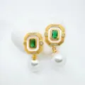 Vintage rectangular green gemstone pearl earrings, elegant gold plated geometric drop ear studs. - Emerald Stud Earrings (Natural Pearl) / Gold