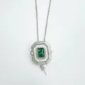 Retro DIY rectangular green stone mother of pearl pendant necklace jewelry accessory for women - Emerald Pendant (Empty Setting) Pendant Only (Without Chain) / Silver