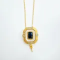 Retro gold-toned rectangular pendant necklace featuring dark blue central gemstone and white enamel. - Sapphire Rectangle Pendant (Empty Setting) / Pendant Only (Without Chain) / Gold