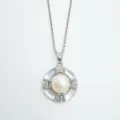 Geometric pearl pendant necklace detail showcasing shimmering mother of pearl and delicate cz stones. - White Shell Pendant - Silver / Artificial Pearl (Without Chain)