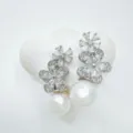 Elegant silver-tone zircon flower earrings with large pearl drops for women daily wear. - Stud Earrings / Silver (Acrylic Pearl)