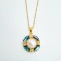 Gold-plated geometric pearl pendant necklace featuring colorful mother-of-pearl and pavé stones. - Abalone Shell Pendant - Gold / Artificial Pearl (Without Chain)