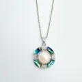 Pearl pendant necklace with geometric circular design, colorful shell and sparkling zirconia. - Abalone Shell Pendant - Silver / Artificial Pearl (Without Chain)