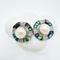 Exquisite geometric pearl earrings detail featuring mother-of-pearl and pavé zircons. - Abalone Shell Earrings - Silver / Faux Pearl