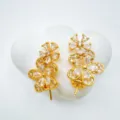 Gold plated clear zirconia double flower pendant earrings, elegant fashion jewelry accessory. - Stud Earrings / Gold (Empty Setting)