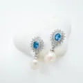 Pendientes colgantes de zafiro azul y perla, joyería elegante de cristal brillante plata. - Pendientes de botón / Perla Natural / Plateado