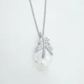 Detailed view of silver feather necklace with mother of pearl and a dangling white pearl. - Pendant Only (Without Chain) / Acrylic Beads / Silver